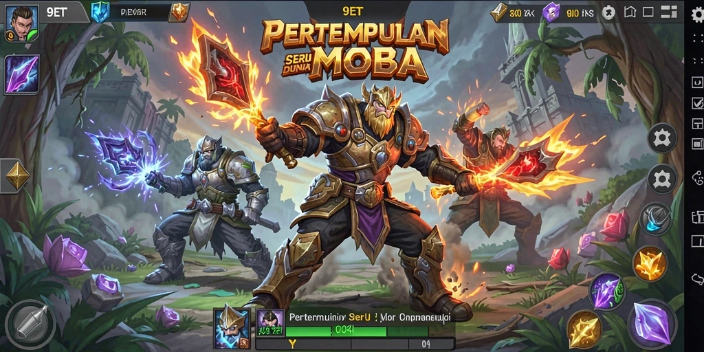 Tangkapan layar utama 9ET menampilkan aksi pertempuran seru dalam arena MOBA.