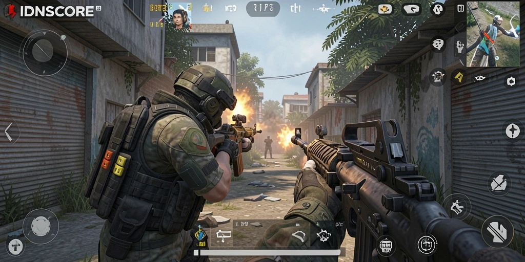 Tangkapan layar gameplay IDNSCORE menampilkan aksi intens dari mode FPS.