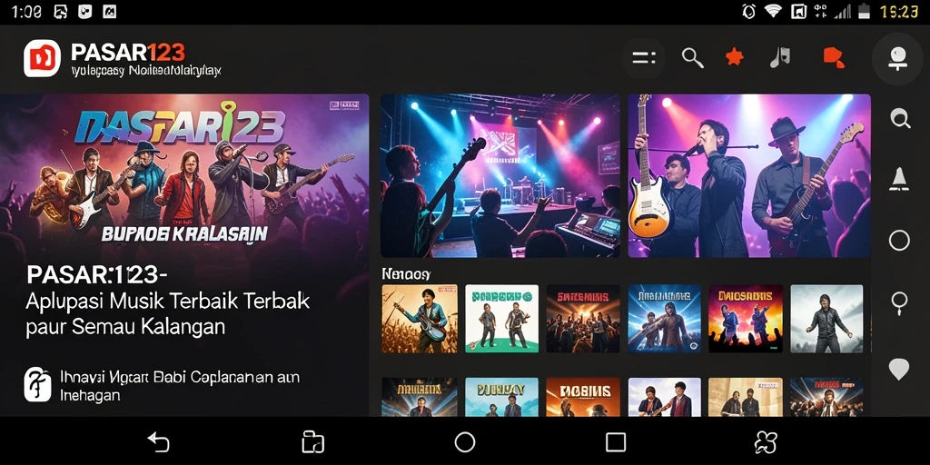 Screenshot utama PASAR123 menampilkan interface menarik dengan koleksi lagu musik.