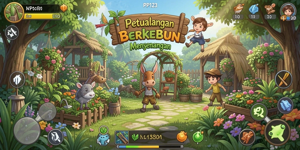 Tampilan gameplay PP123 yang menampilkan kebun yang subur dan beragam tanaman.