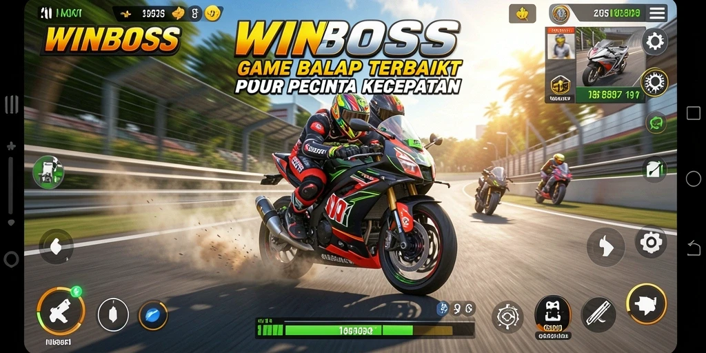 Tangkapan layar gameplay WINBOSS menunjukkan aksi balap motor yang mendebarkan.